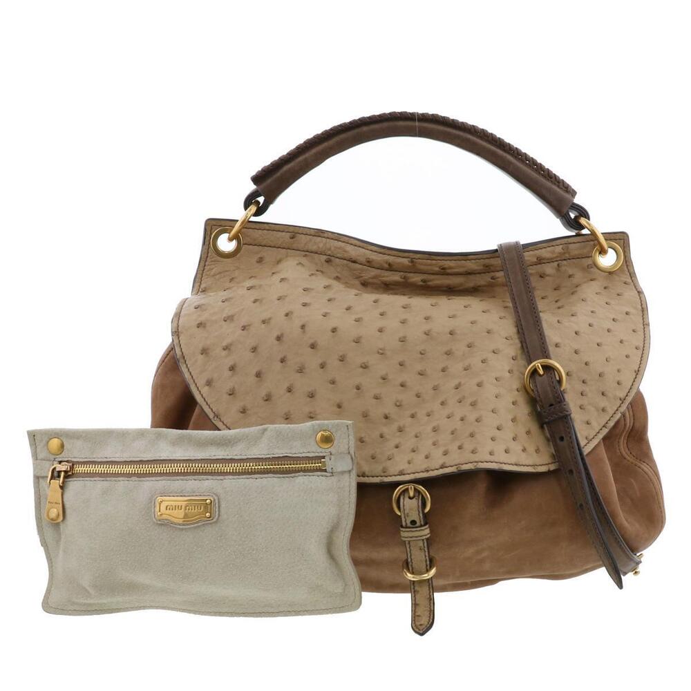 Miu Miu Ostrich Handbag Shoulder Messenger Bag Brown
